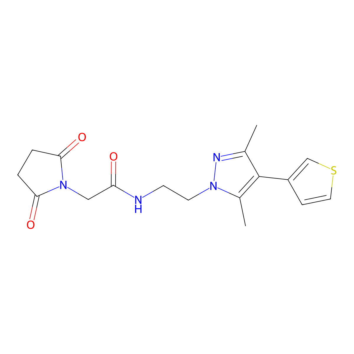 N-{2-[3,5-dimethyl-4-(thiophen-3-yl)-1H-pyrazol-1-yl]ethyl}-2-(2,5-dioxopyrrolidin-1-yl)acetamide molecular structure, CAS 2034357-61-2
