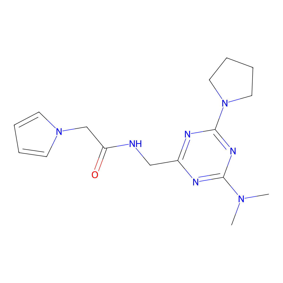N-((4-(dimethylamino)-6-(pyrrolidin-1-yl)-1,3,5-triazin-2-yl)methyl)-2-(1H-pyrrol-1-yl)acetamide molecular structure, CAS 2034357-62-3