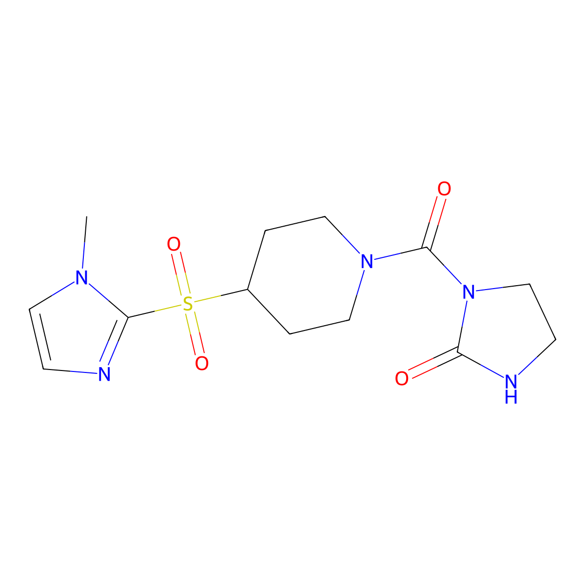1-{4-[(1-methyl-1H-imidazol-2-yl)sulfonyl]piperidine-1-carbonyl}imidazolidin-2-one molecular structure, CAS 2034357-66-7