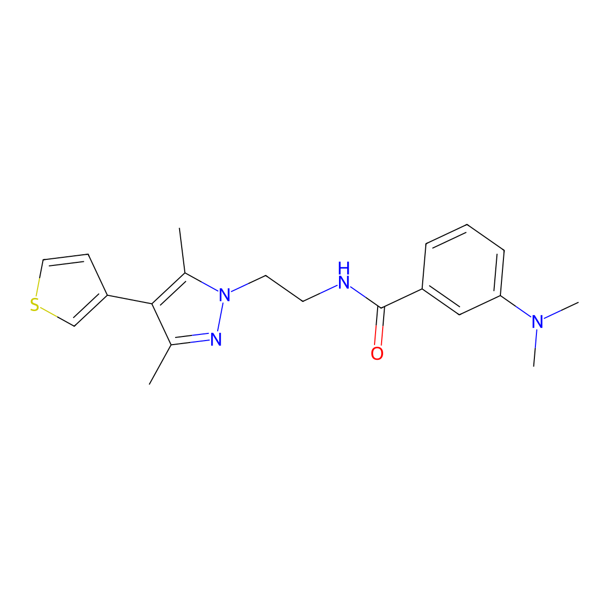 N-(2-(3,5-dimethyl-4-(thiophen-3-yl)-1H-pyrazol-1-yl)ethyl)-3-(dimethylamino)benzamide molecular structure, CAS 2034357-67-8