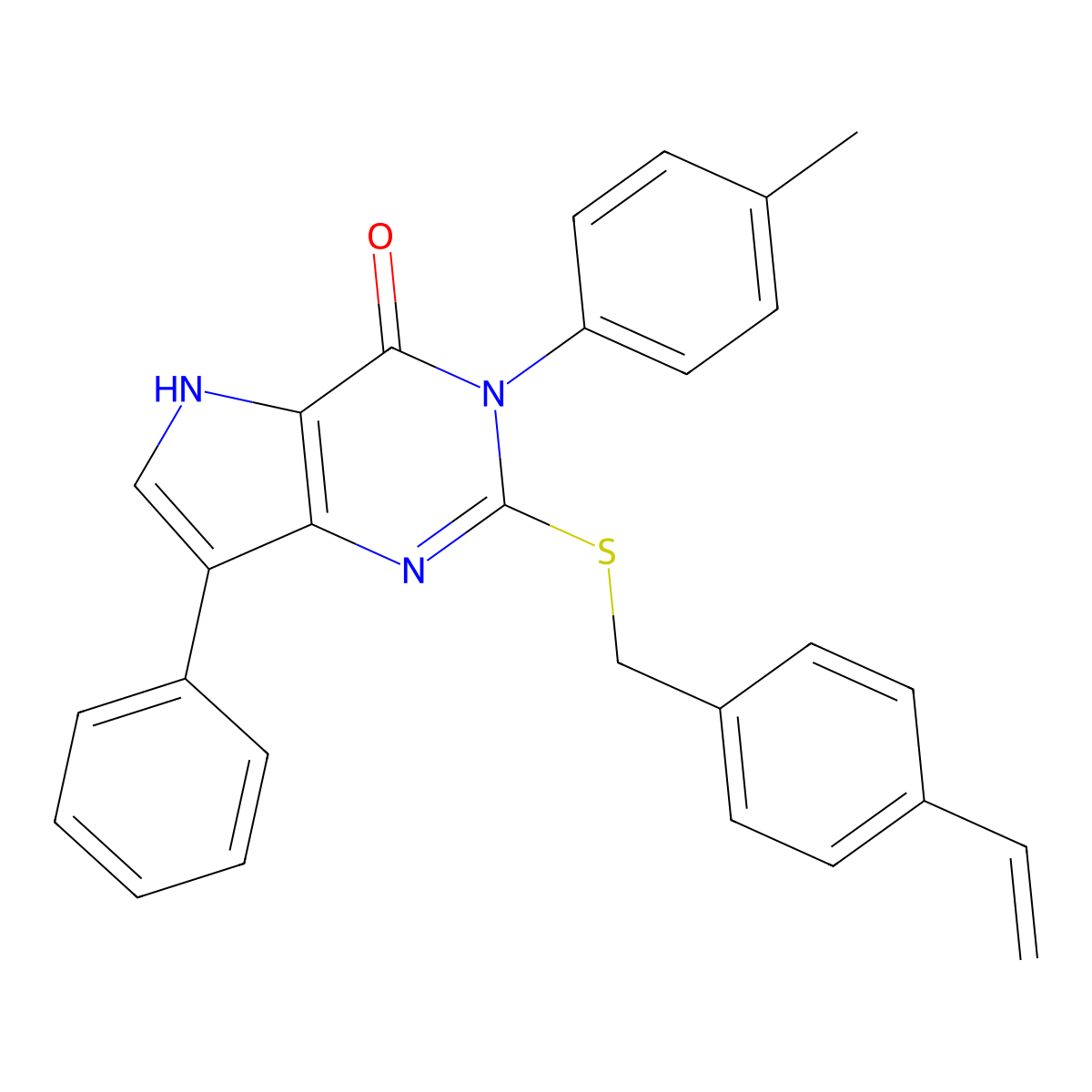 7-phenyl-3-(p-tolyl)-2-((4-vinylbenzyl)thio)-3H-pyrrolo[3,2-d]pyrimidin-4(5H)-one molecular structure, CAS 2034357-68-9