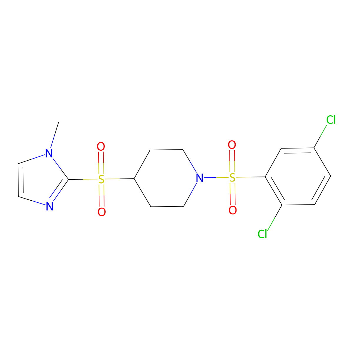1-((2,5-dichlorophenyl)sulfonyl)-4-((1-methyl-1H-imidazol-2-yl)sulfonyl)piperidine molecular structure, CAS 2034357-71-4