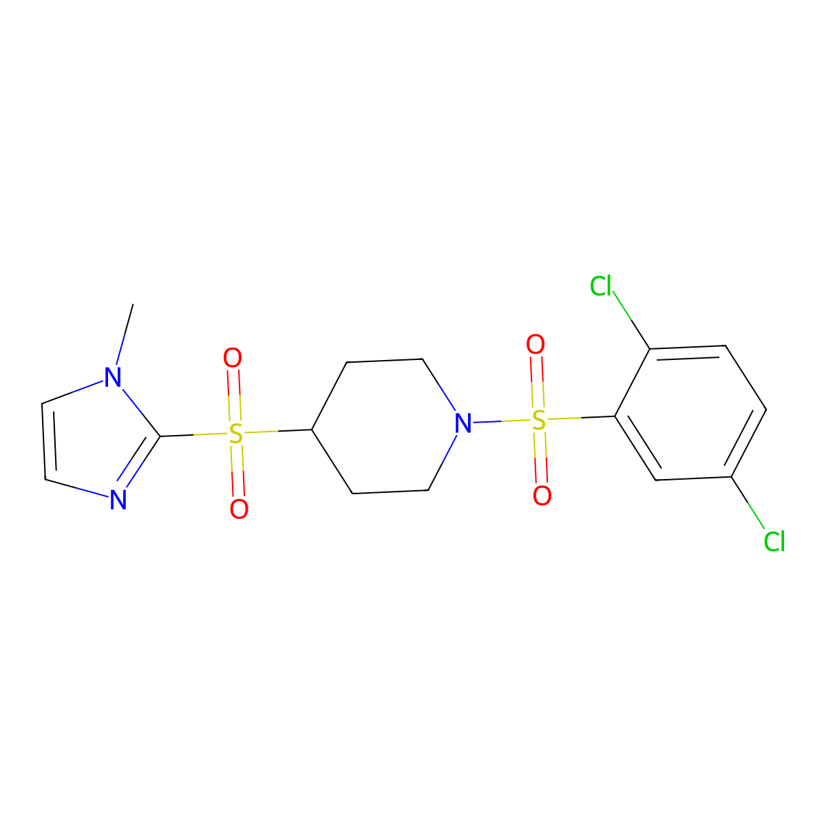 1-((2,5-dichlorophenyl)sulfonyl)-4-((1-methyl-1H-imidazol-2-yl)sulfonyl)piperidine molecular structure, CAS 2034357-71-4