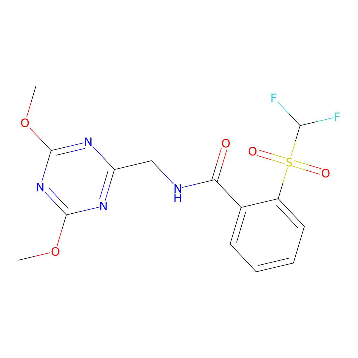 2-((difluoromethyl)sulfonyl)-N-((4,6-dimethoxy-1,3,5-triazin-2-yl)methyl)benzamide molecular structure, CAS 2034357-72-5