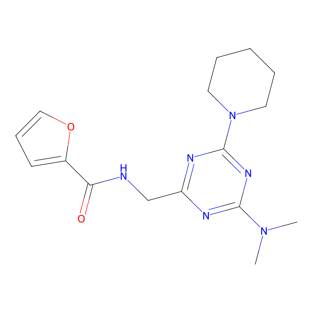 N-((4-(dimethylamino)-6-(piperidin-1-yl)-1,3,5-triazin-2-yl)methyl)furan-2-carboxamide molecular structure, CAS 2034357-74-7