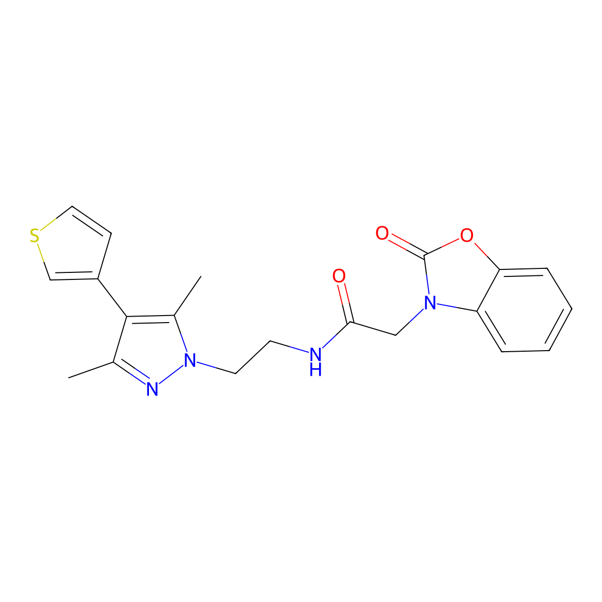 N-(2-(3,5-dimethyl-4-(thiophen-3-yl)-1H-pyrazol-1-yl)ethyl)-2-(2-oxobenzo[d]oxazol-3(2H)-yl)acetamide molecular structure, CAS 2034357-76-9