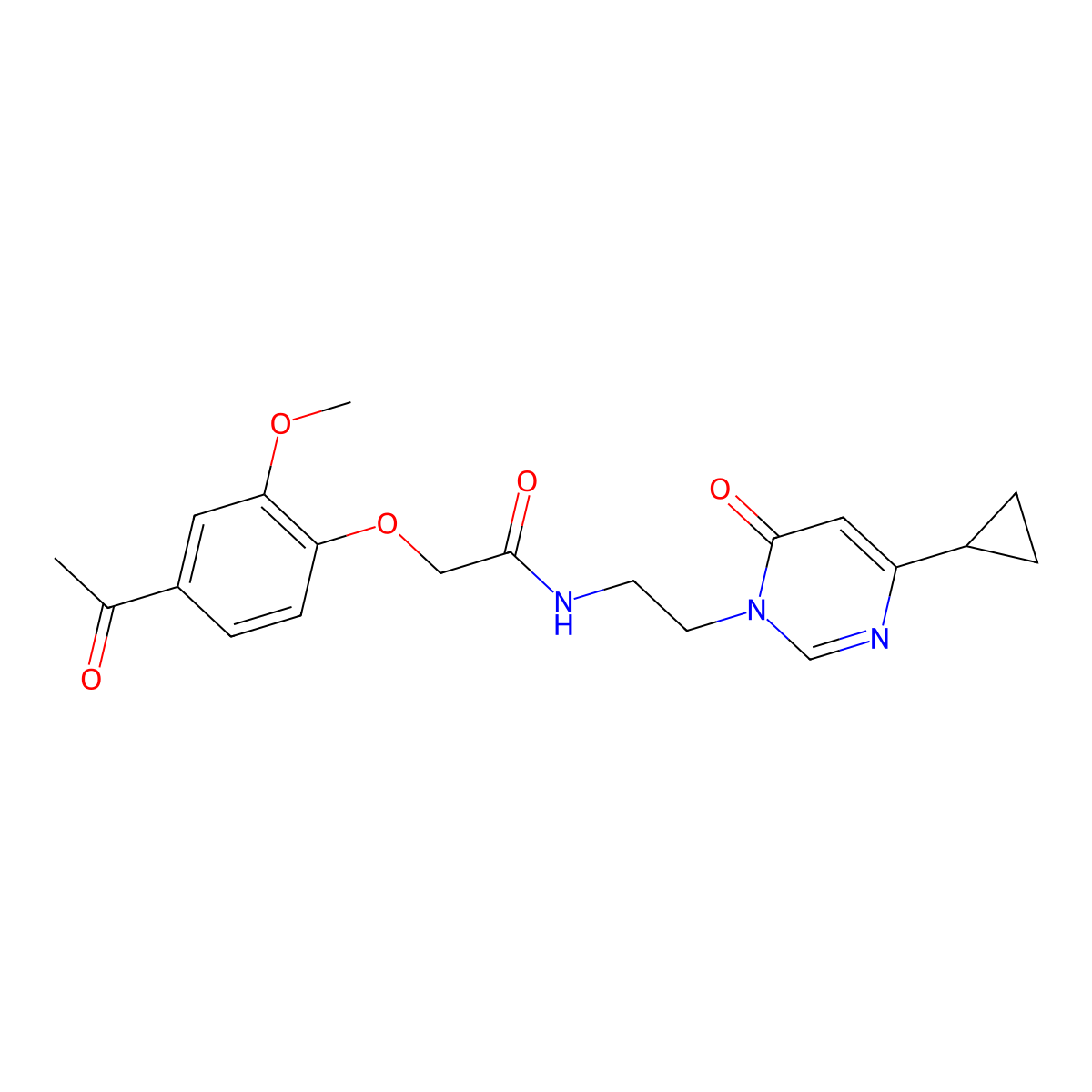 2-(4-acetyl-2-methoxyphenoxy)-N-(2-(4-cyclopropyl-6-oxopyrimidin-1(6H)-yl)ethyl)acetamide molecular structure, CAS 2034357-85-0