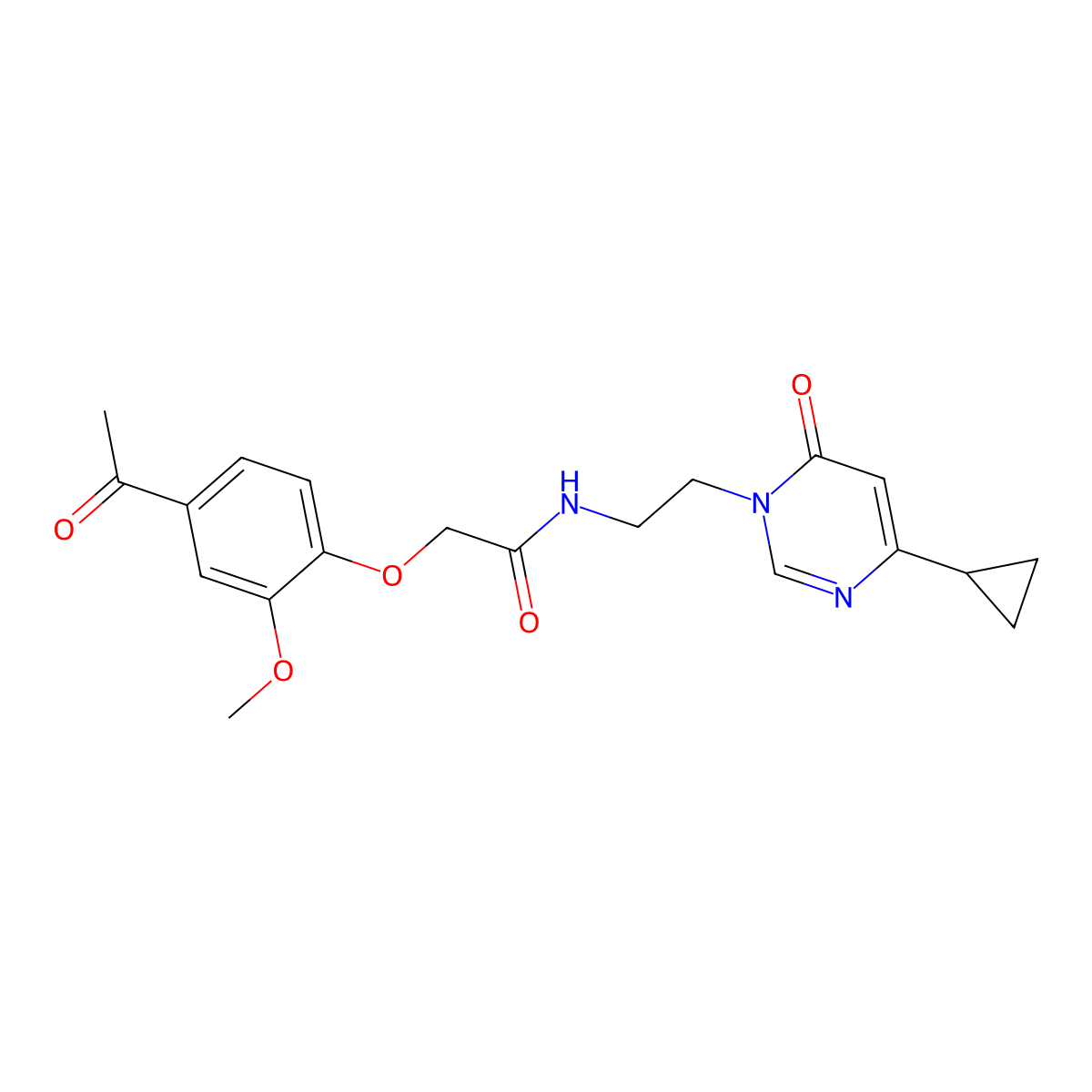 2-(4-acetyl-2-methoxyphenoxy)-N-(2-(4-cyclopropyl-6-oxopyrimidin-1(6H)-yl)ethyl)acetamide molecular structure, CAS 2034357-85-0