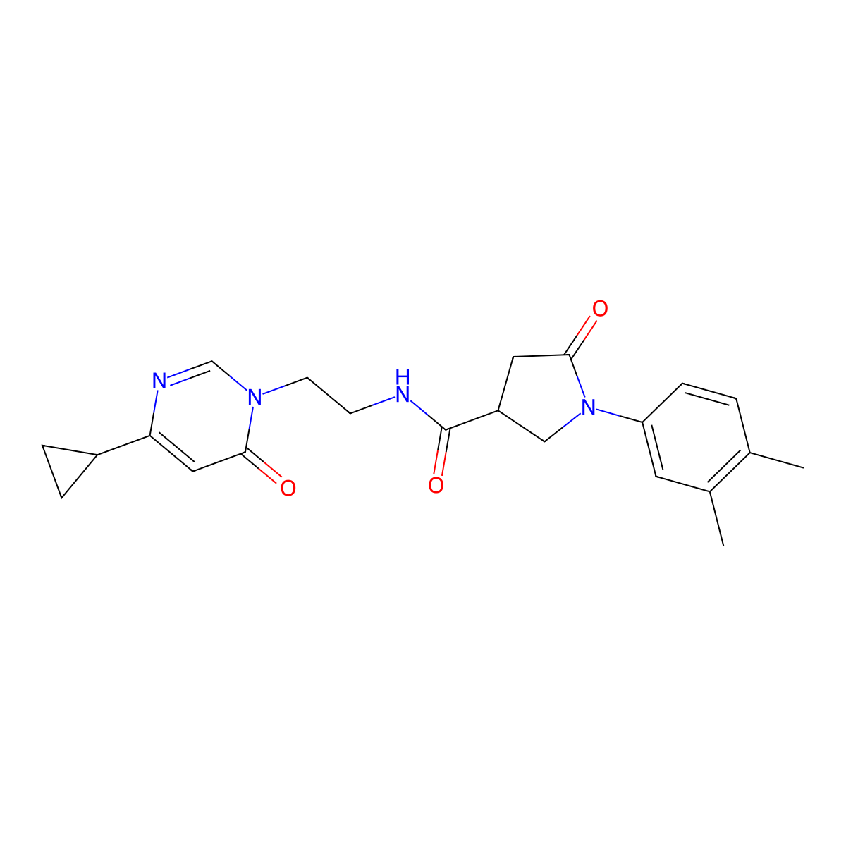 N-(2-(4-cyclopropyl-6-oxopyrimidin-1(6H)-yl)ethyl)-1-(3,4-dimethylphenyl)-5-oxopyrrolidine-3-carboxamide molecular structure, CAS 2034357-90-7