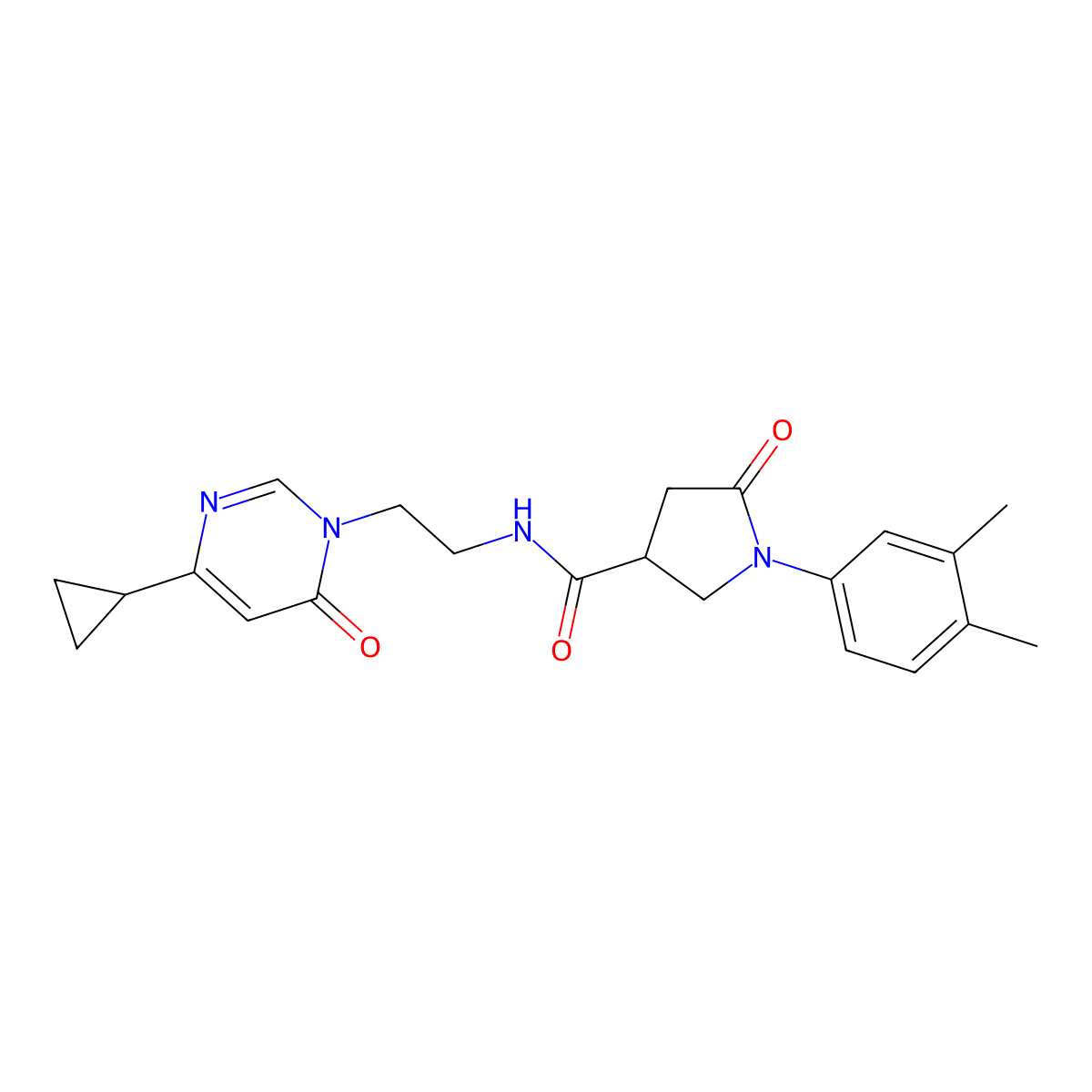 N-(2-(4-cyclopropyl-6-oxopyrimidin-1(6H)-yl)ethyl)-1-(3,4-dimethylphenyl)-5-oxopyrrolidine-3-carboxamide molecular structure, CAS 2034357-90-7