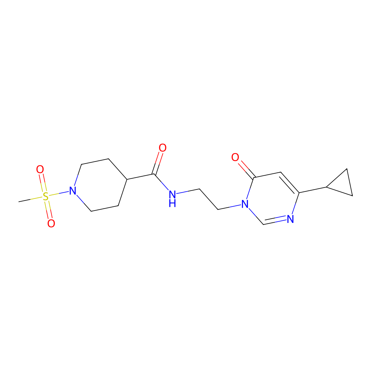 N-(2-(4-cyclopropyl-6-oxopyrimidin-1(6H)-yl)ethyl)-1-(methylsulfonyl)piperidine-4-carboxamide molecular structure, CAS 2034357-96-3