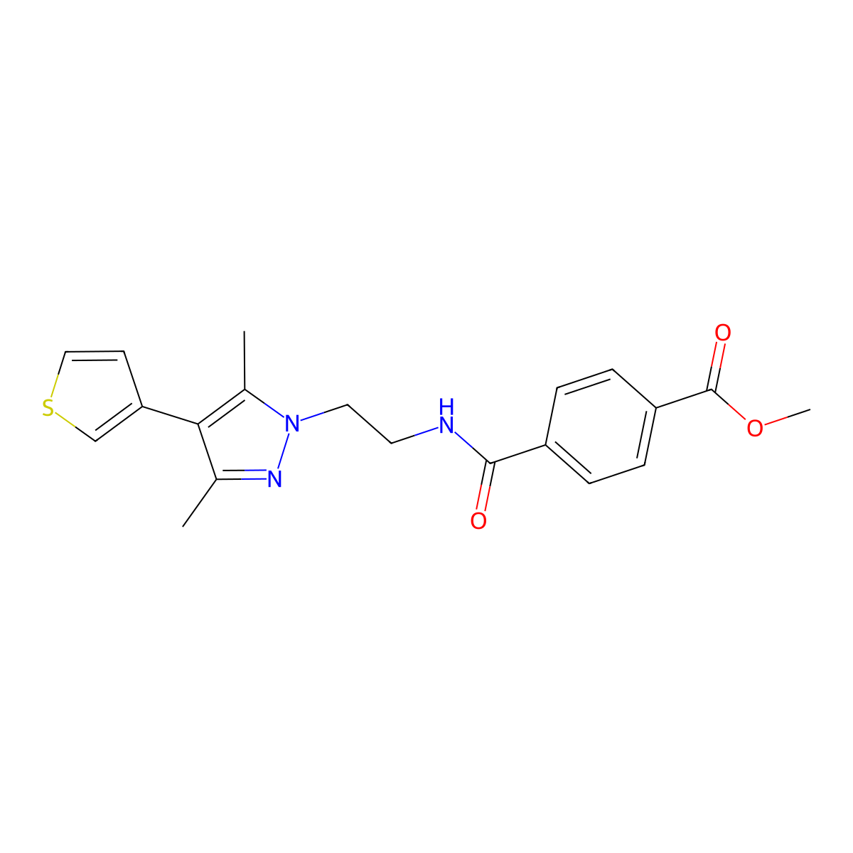 methyl 4-({2-[3,5-dimethyl-4-(thiophen-3-yl)-1H-pyrazol-1-yl]ethyl}carbamoyl)benzoate molecular structure, CAS 2034357-98-5