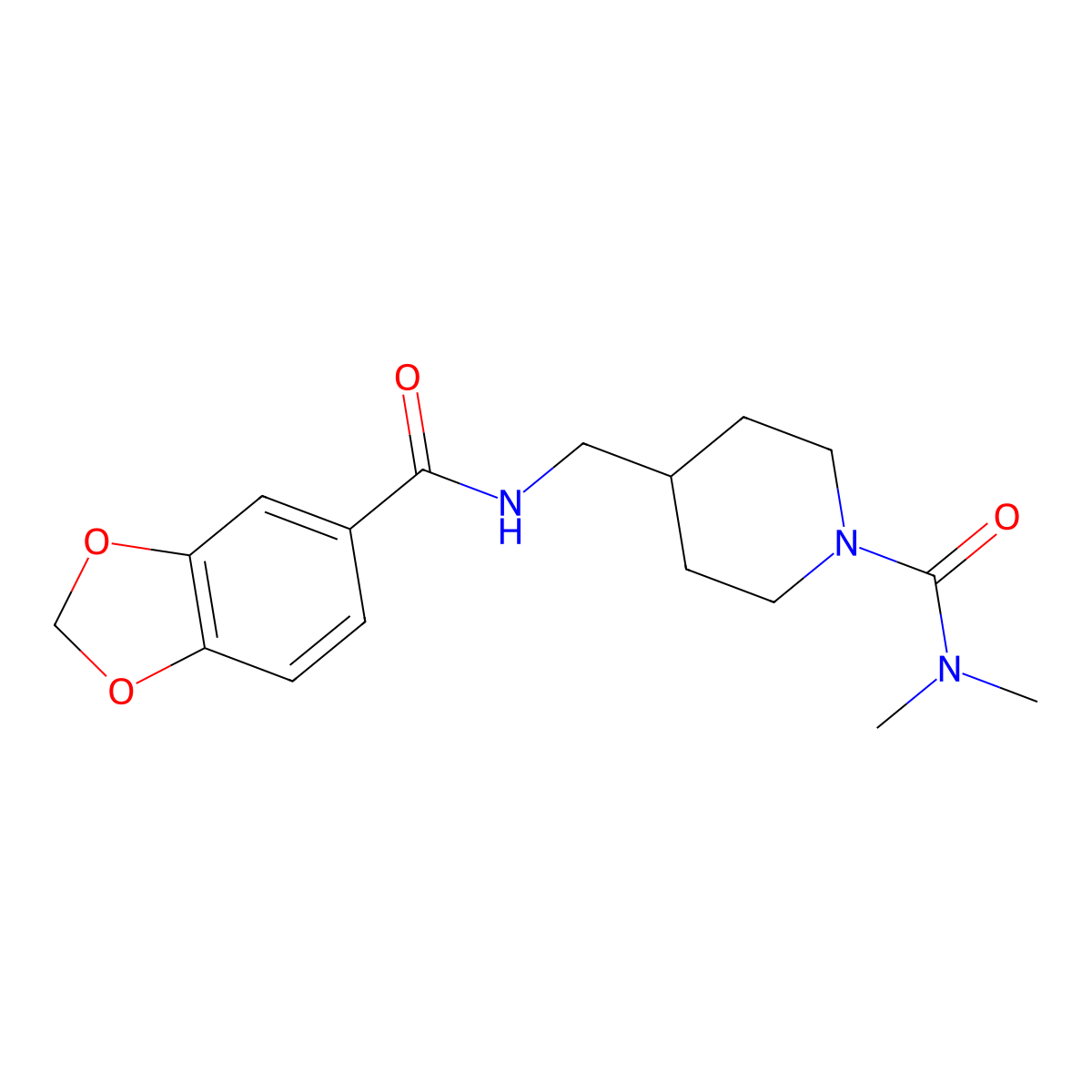 4-((benzo[d][1,3]dioxole-5-carboxamido)methyl)-N,N-dimethylpiperidine-1-carboxamide molecular structure, CAS 2034357-99-6