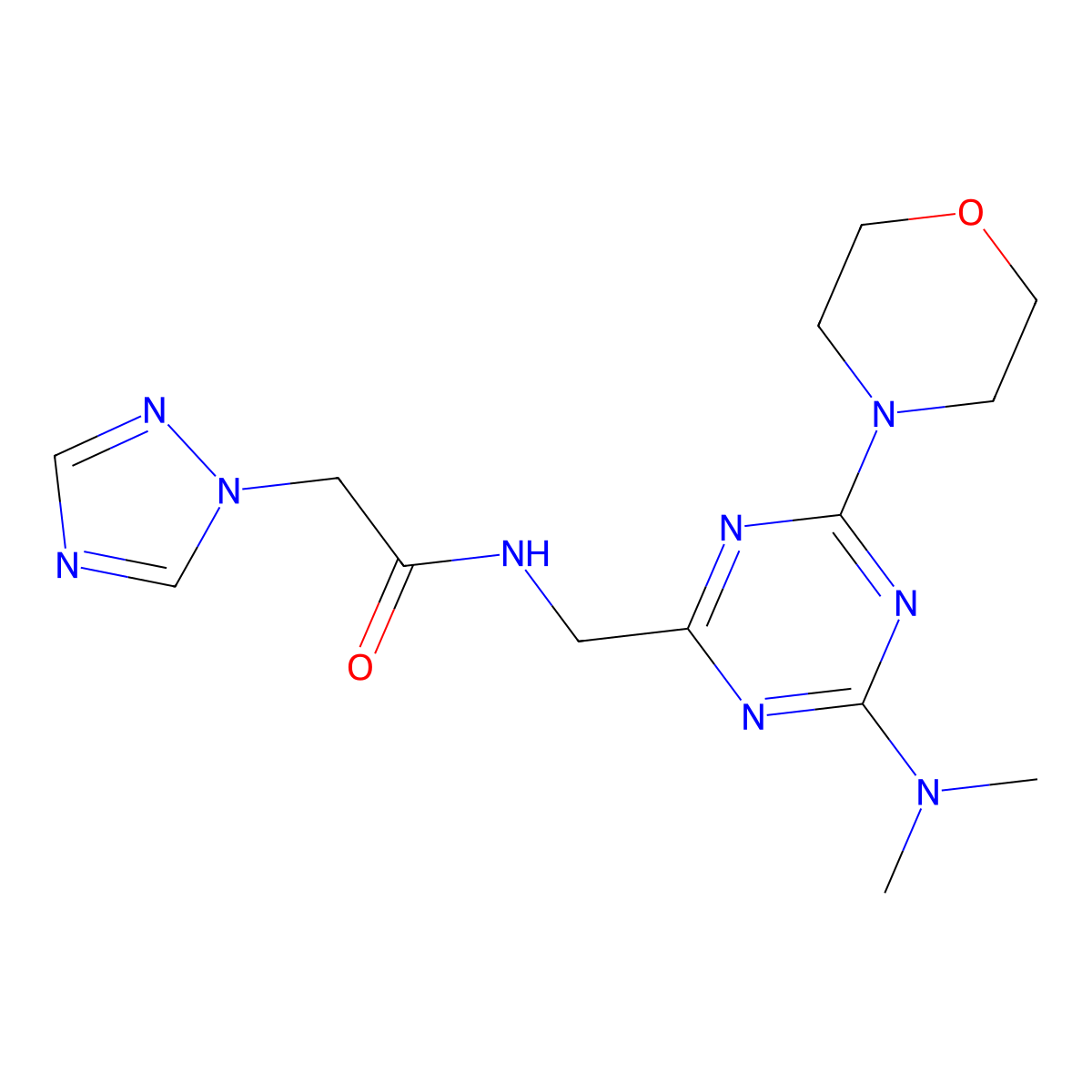 N-((4-(dimethylamino)-6-morpholino-1,3,5-triazin-2-yl)methyl)-2-(1H-1,2,4-triazol-1-yl)acetamide molecular structure, CAS 2034358-00-2