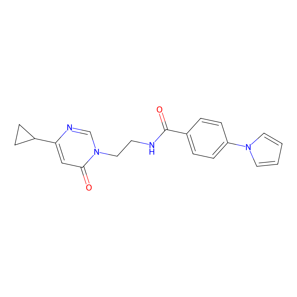 N-(2-(4-cyclopropyl-6-oxopyrimidin-1(6H)-yl)ethyl)-4-(1H-pyrrol-1-yl)benzamide molecular structure, CAS 2034358-05-7