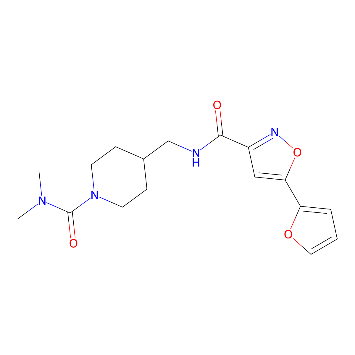 N-((1-(dimethylcarbamoyl)piperidin-4-yl)methyl)-5-(furan-2-yl)isoxazole-3-carboxamide molecular structure, CAS 2034358-06-8