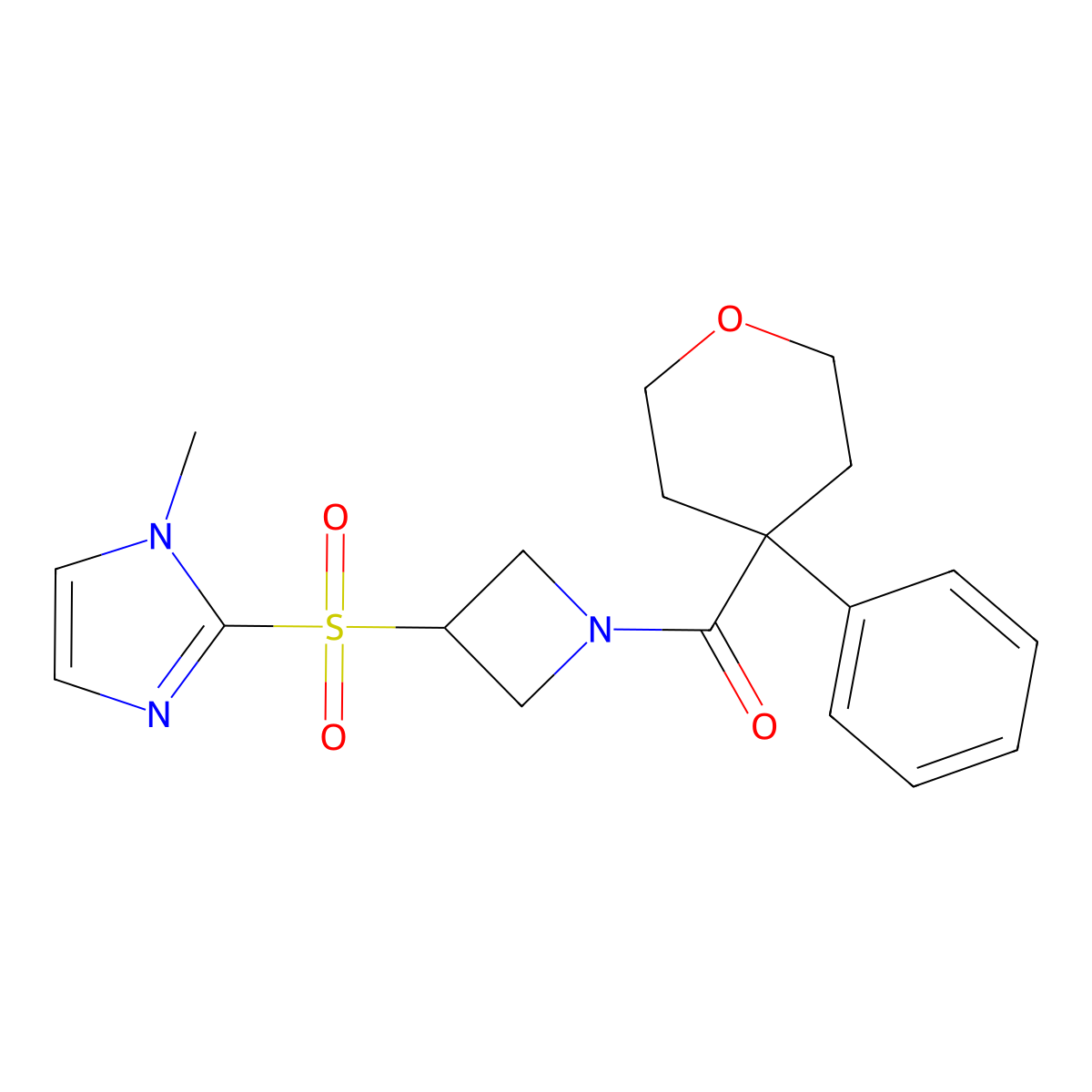 (3-((1-methyl-1H-imidazol-2-yl)sulfonyl)azetidin-1-yl)(4-phenyltetrahydro-2H-pyran-4-yl)methanone molecular structure, CAS 2034358-07-9