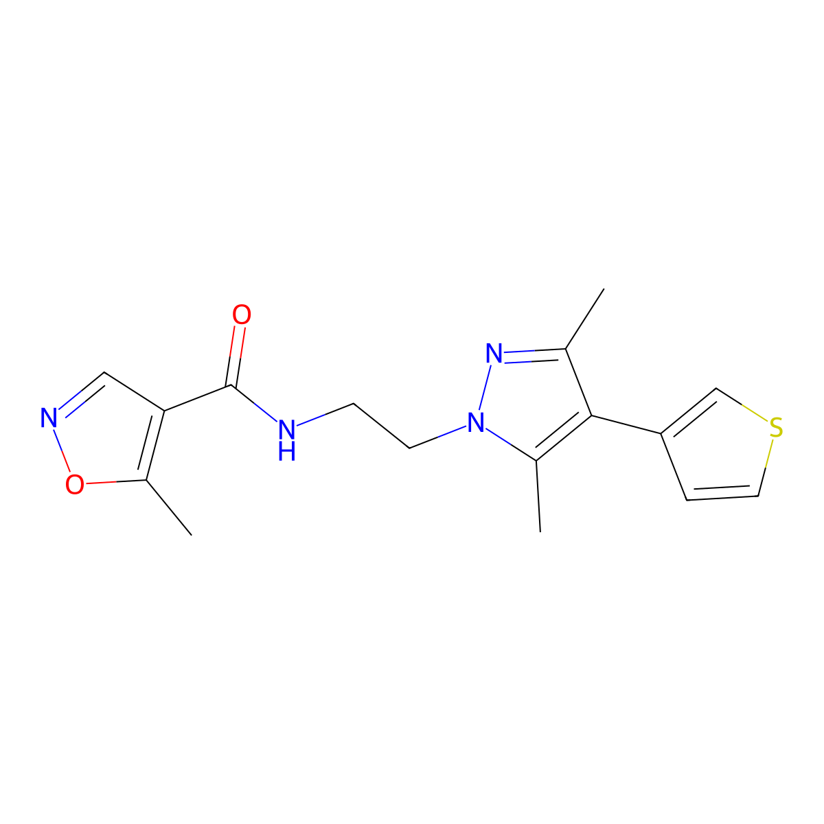 N-(2-(3,5-dimethyl-4-(thiophen-3-yl)-1H-pyrazol-1-yl)ethyl)-5-methylisoxazole-4-carboxamide molecular structure, CAS 2034358-08-0