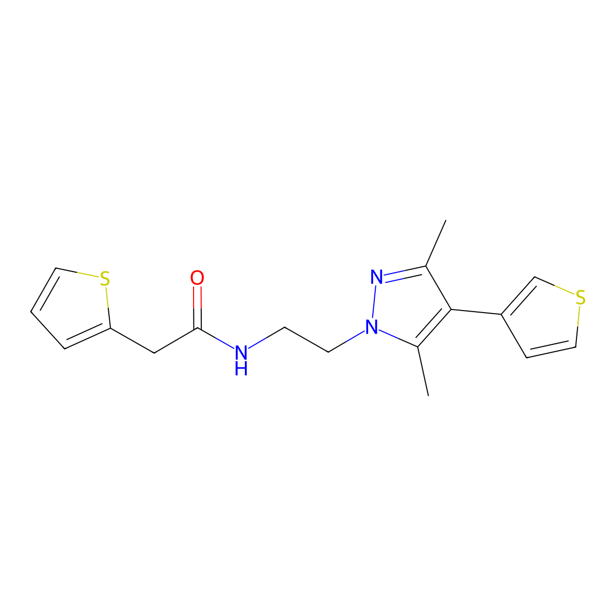 N-(2-(3,5-dimethyl-4-(thiophen-3-yl)-1H-pyrazol-1-yl)ethyl)-2-(thiophen-2-yl)acetamide molecular structure, CAS 2034358-11-5