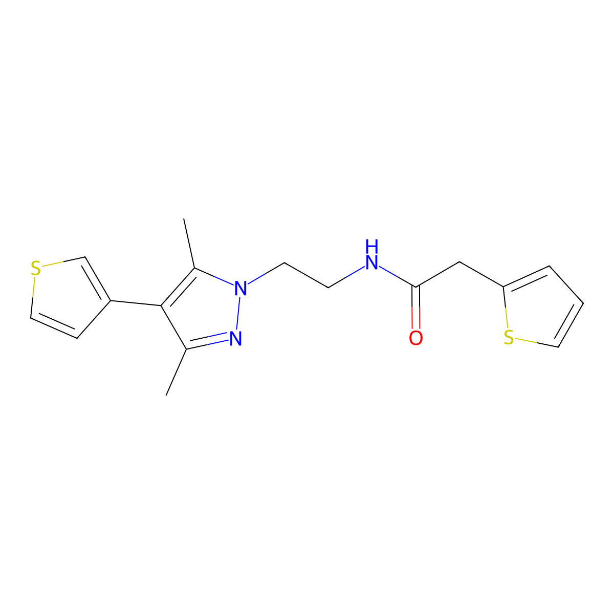 N-(2-(3,5-dimethyl-4-(thiophen-3-yl)-1H-pyrazol-1-yl)ethyl)-2-(thiophen-2-yl)acetamide molecular structure, CAS 2034358-11-5