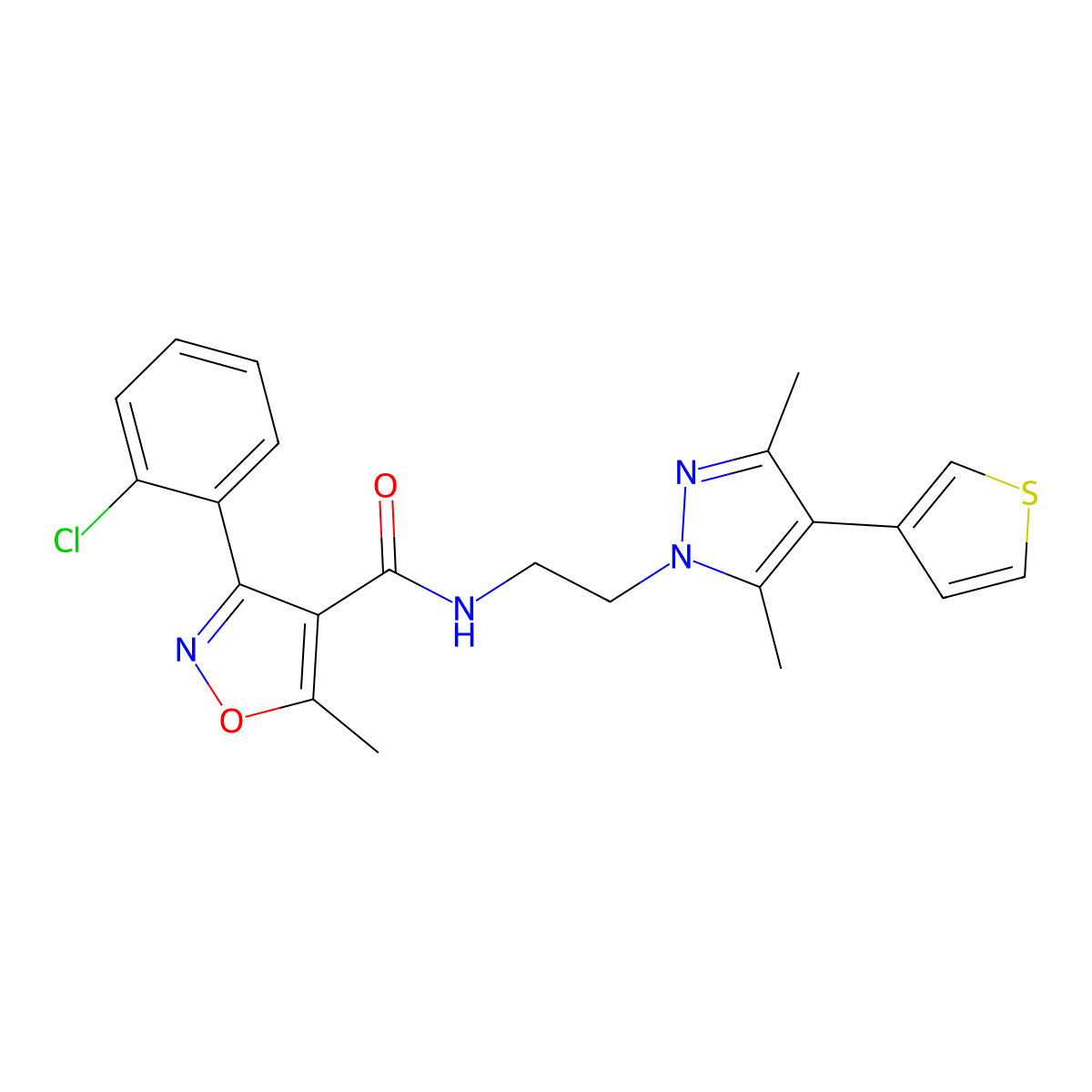 3-(2-chlorophenyl)-N-(2-(3,5-dimethyl-4-(thiophen-3-yl)-1H-pyrazol-1-yl)ethyl)-5-methylisoxazole-4-carboxamide molecular structure, CAS 2034358-22-8
