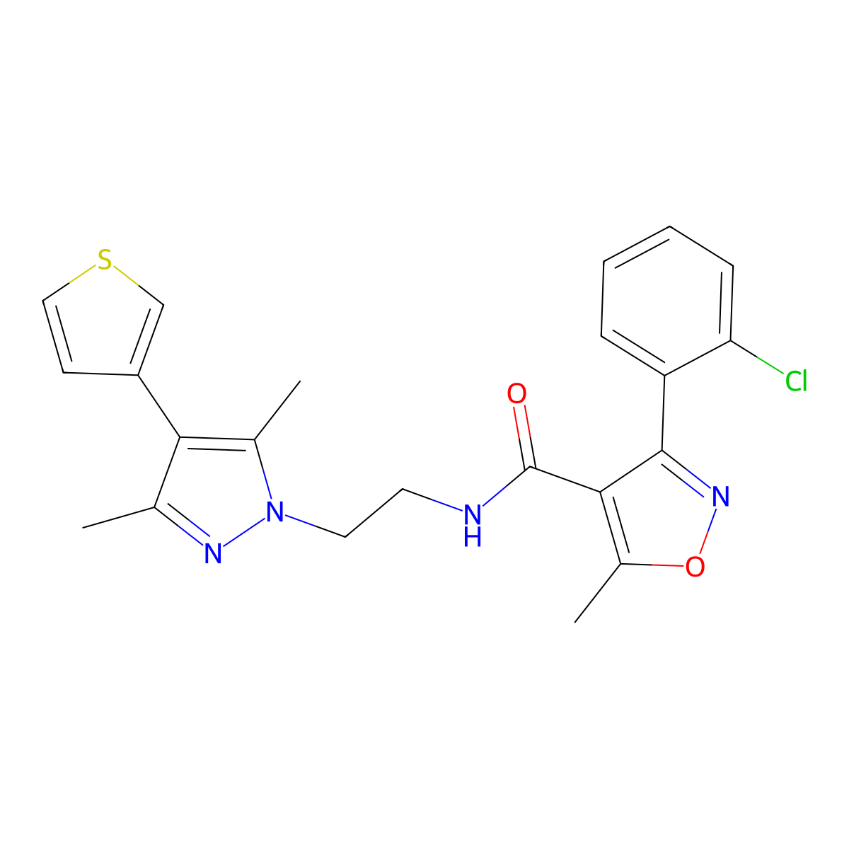 3-(2-chlorophenyl)-N-(2-(3,5-dimethyl-4-(thiophen-3-yl)-1H-pyrazol-1-yl)ethyl)-5-methylisoxazole-4-carboxamide molecular structure, CAS 2034358-22-8