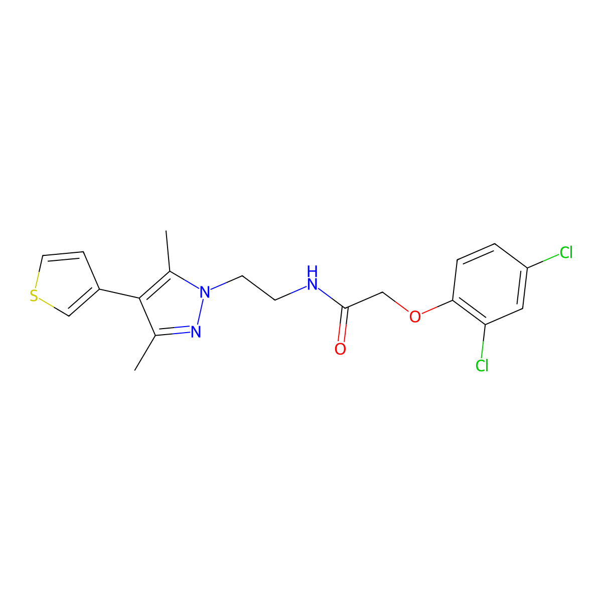2-(2,4-dichlorophenoxy)-N-(2-(3,5-dimethyl-4-(thiophen-3-yl)-1H-pyrazol-1-yl)ethyl)acetamide molecular structure, CAS 2034358-30-8