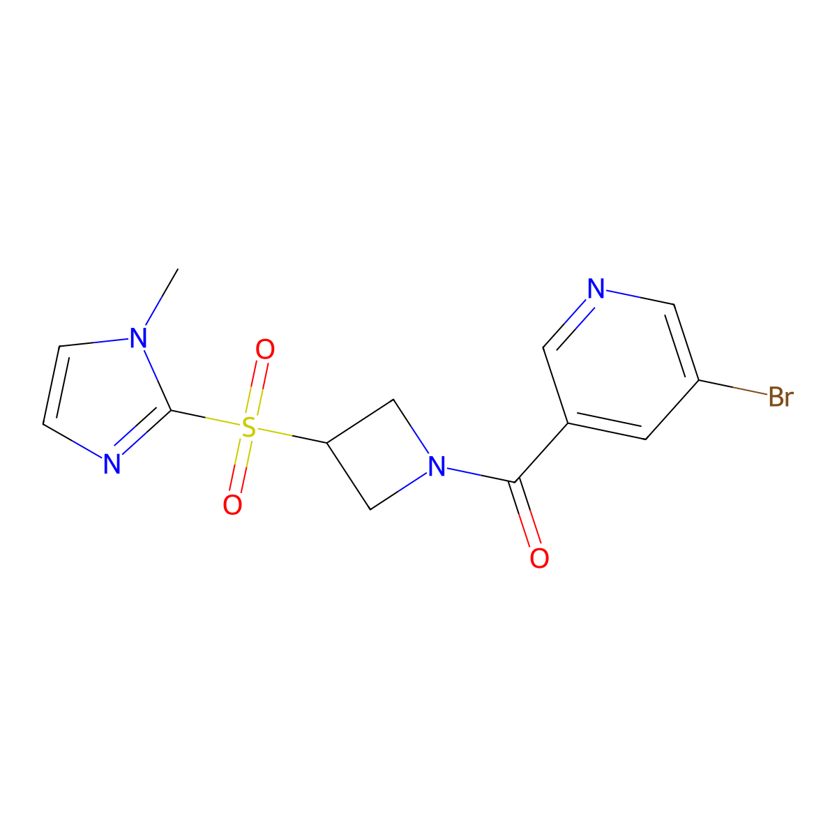 (5-bromopyridin-3-yl)(3-((1-methyl-1H-imidazol-2-yl)sulfonyl)azetidin-1-yl)methanone molecular structure, CAS 2034358-35-3
