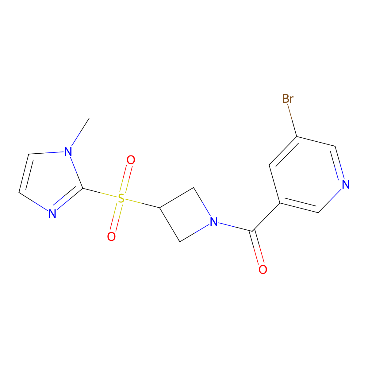 (5-bromopyridin-3-yl)(3-((1-methyl-1H-imidazol-2-yl)sulfonyl)azetidin-1-yl)methanone molecular structure, CAS 2034358-35-3