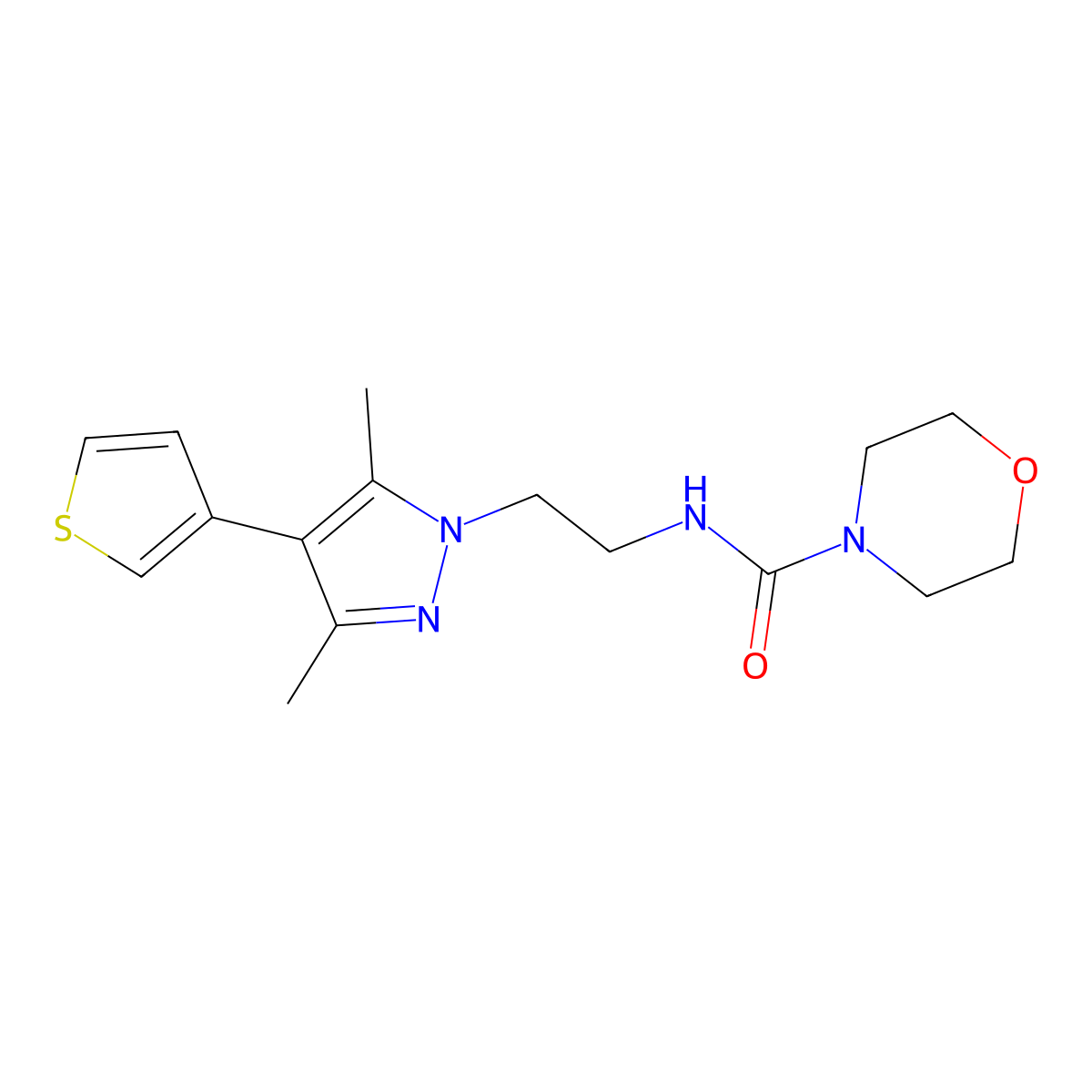 N-{2-[3,5-dimethyl-4-(thiophen-3-yl)-1H-pyrazol-1-yl]ethyl}morpholine-4-carboxamide molecular structure, CAS 2034358-36-4