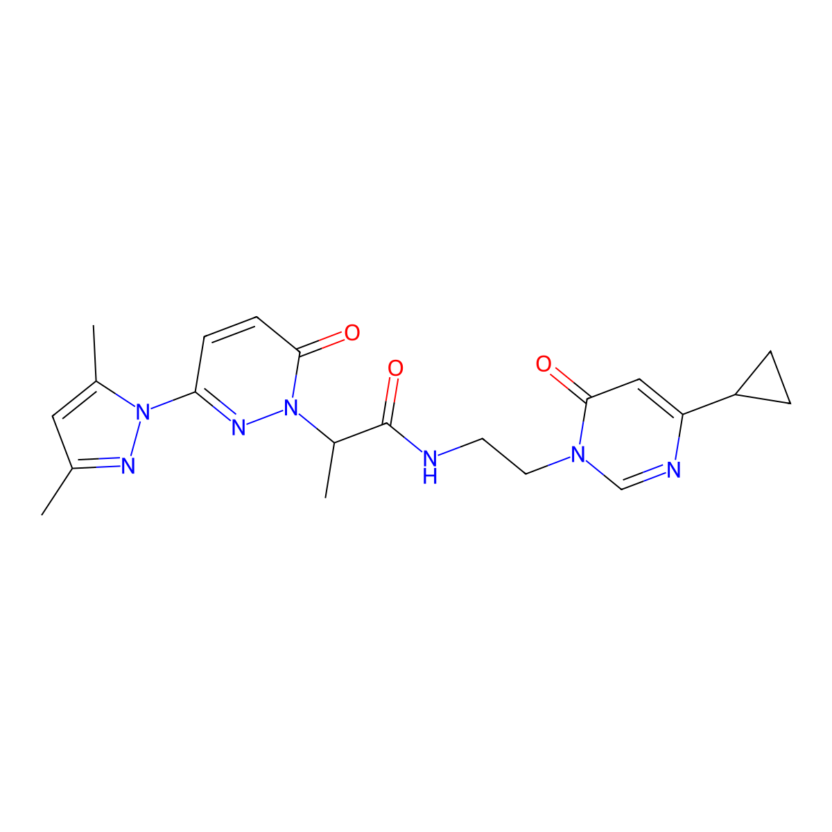 N-(2-(4-cyclopropyl-6-oxopyrimidin-1(6H)-yl)ethyl)-2-(3-(3,5-dimethyl-1H-pyrazol-1-yl)-6-oxopyridazin-1(6H)-yl)propanamide molecular structure, CAS 2034358-44-4