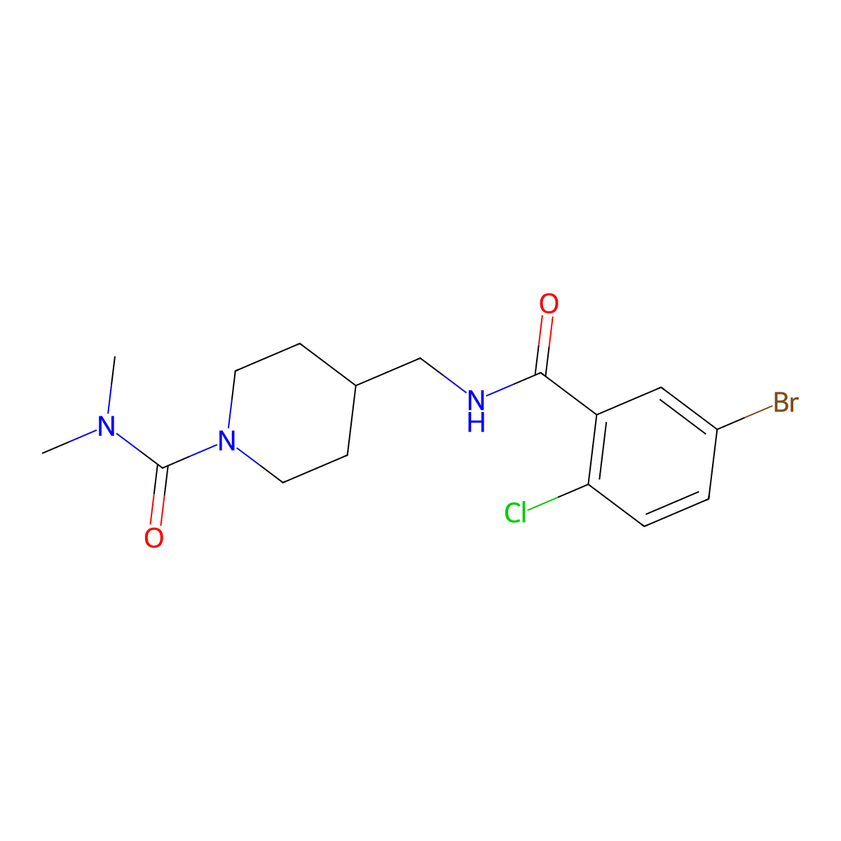 4-{[(5-bromo-2-chlorophenyl)formamido]methyl}-N,N-dimethylpiperidine-1-carboxamide molecular structure, CAS 2034358-45-5