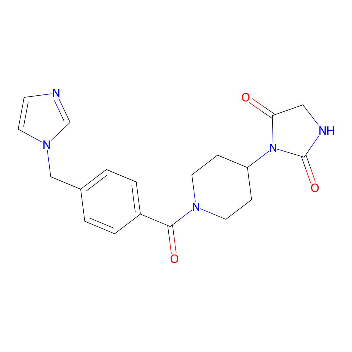 3-(1-{4-[(1H-imidazol-1-yl)methyl]benzoyl}piperidin-4-yl)imidazolidine-2,4-dione molecular structure, CAS 2034358-76-2
