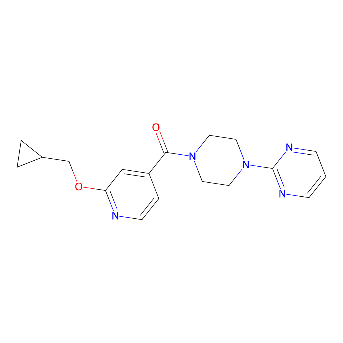 (2-(Cyclopropylmethoxy)pyridin-4-yl)(4-(pyrimidin-2-yl)piperazin-1-yl)methanone molecular structure, CAS 2034359-08-3