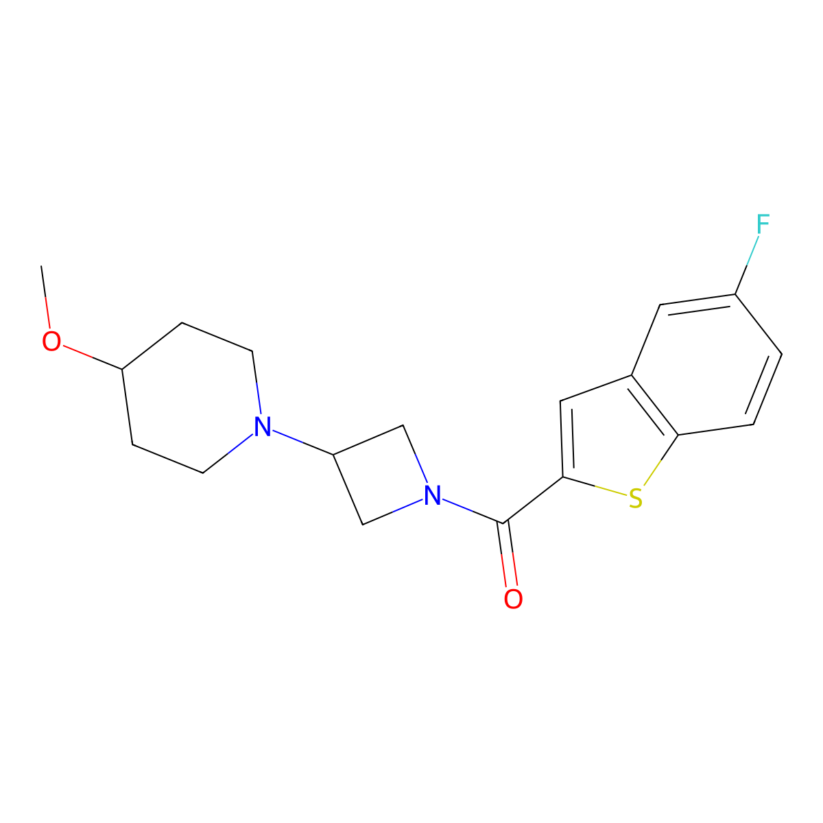 (5-Fluorobenzo[b]thiophen-2-yl)(3-(4-methoxypiperidin-1-yl)azetidin-1-yl)methanone molecular structure, CAS 2034359-23-2