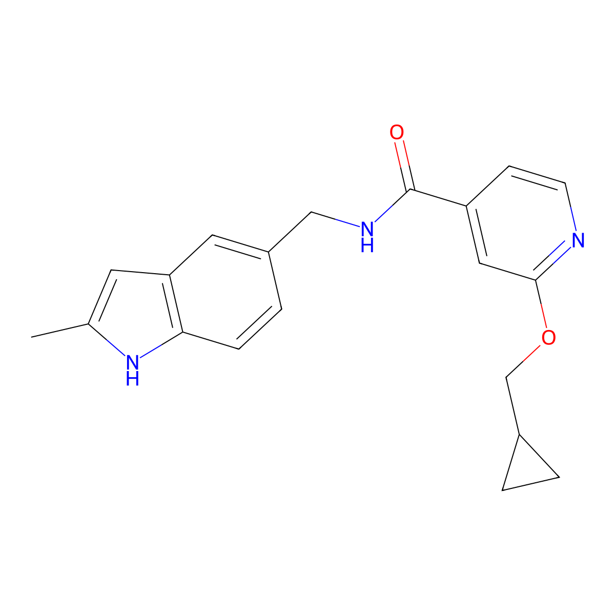 2-(cyclopropylmethoxy)-N-((2-methyl-1H-indol-5-yl)methyl)isonicotinamide molecular structure, CAS 2034359-46-9