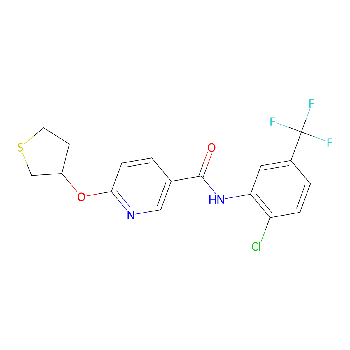 N-(2-chloro-5-(trifluoromethyl)phenyl)-6-((tetrahydrothiophen-3-yl)oxy)nicotinamide molecular structure, CAS 2034359-75-4