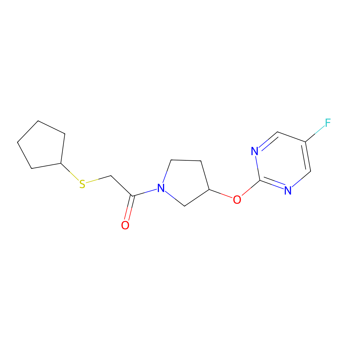 2-(Cyclopentylthio)-1-(3-((5-fluoropyrimidin-2-yl)oxy)pyrrolidin-1-yl)ethanone molecular structure, CAS 2034359-77-6