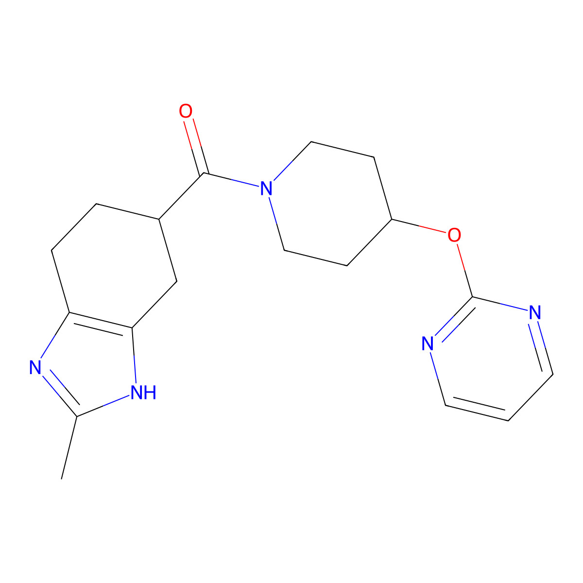 (2-methyl-4,5,6,7-tetrahydro-1H-benzo[d]imidazol-5-yl)(4-(pyrimidin-2-yloxy)piperidin-1-yl)methanone molecular structure, CAS 2034359-78-7