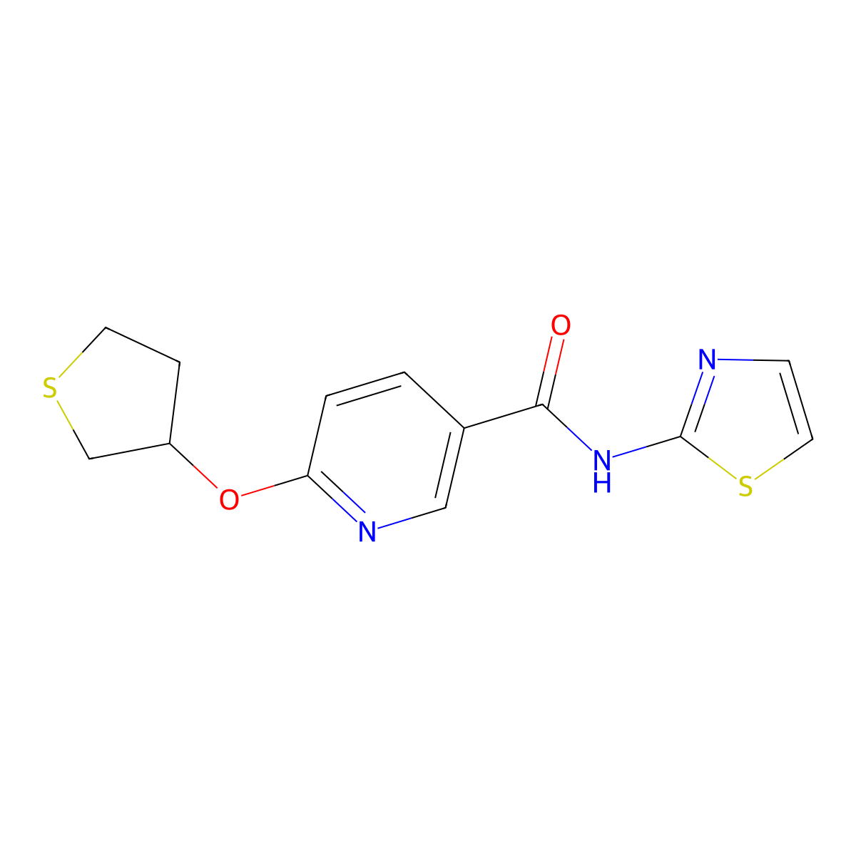 6-((tetrahydrothiophen-3-yl)oxy)-N-(thiazol-2-yl)nicotinamide molecular structure, CAS 2034359-79-8