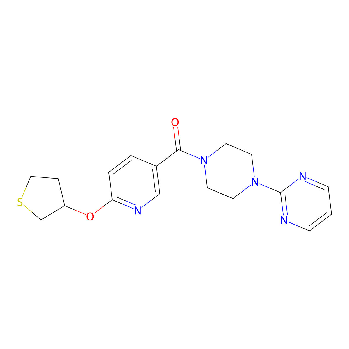 (4-(Pyrimidin-2-yl)piperazin-1-yl)(6-((tetrahydrothiophen-3-yl)oxy)pyridin-3-yl)methanone molecular structure, CAS 2034359-83-4
