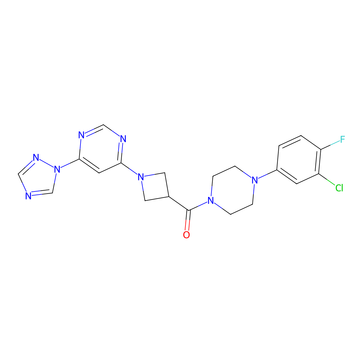 (1-(6-(1H-1,2,4-triazol-1-yl)pyrimidin-4-yl)azetidin-3-yl)(4-(3-chloro-4-fluorophenyl)piperazin-1-yl)methanone molecular structure, CAS 2034359-92-5