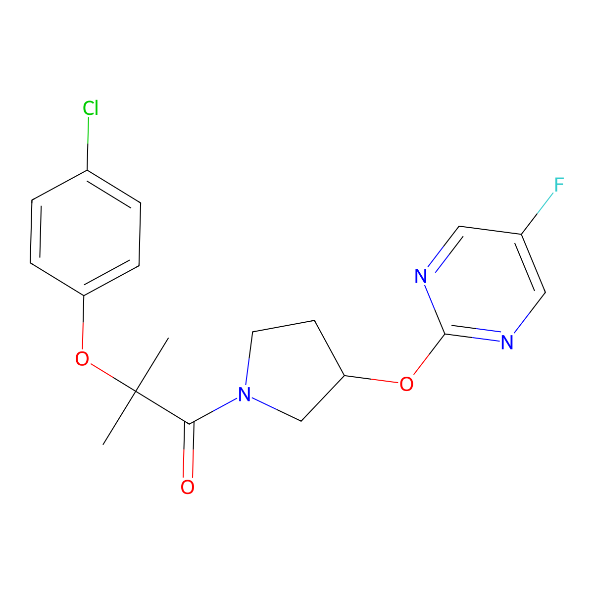 2-(4-Chlorophenoxy)-1-(3-((5-fluoropyrimidin-2-yl)oxy)pyrrolidin-1-yl)-2-methylpropan-1-one molecular structure, CAS 2034359-93-6