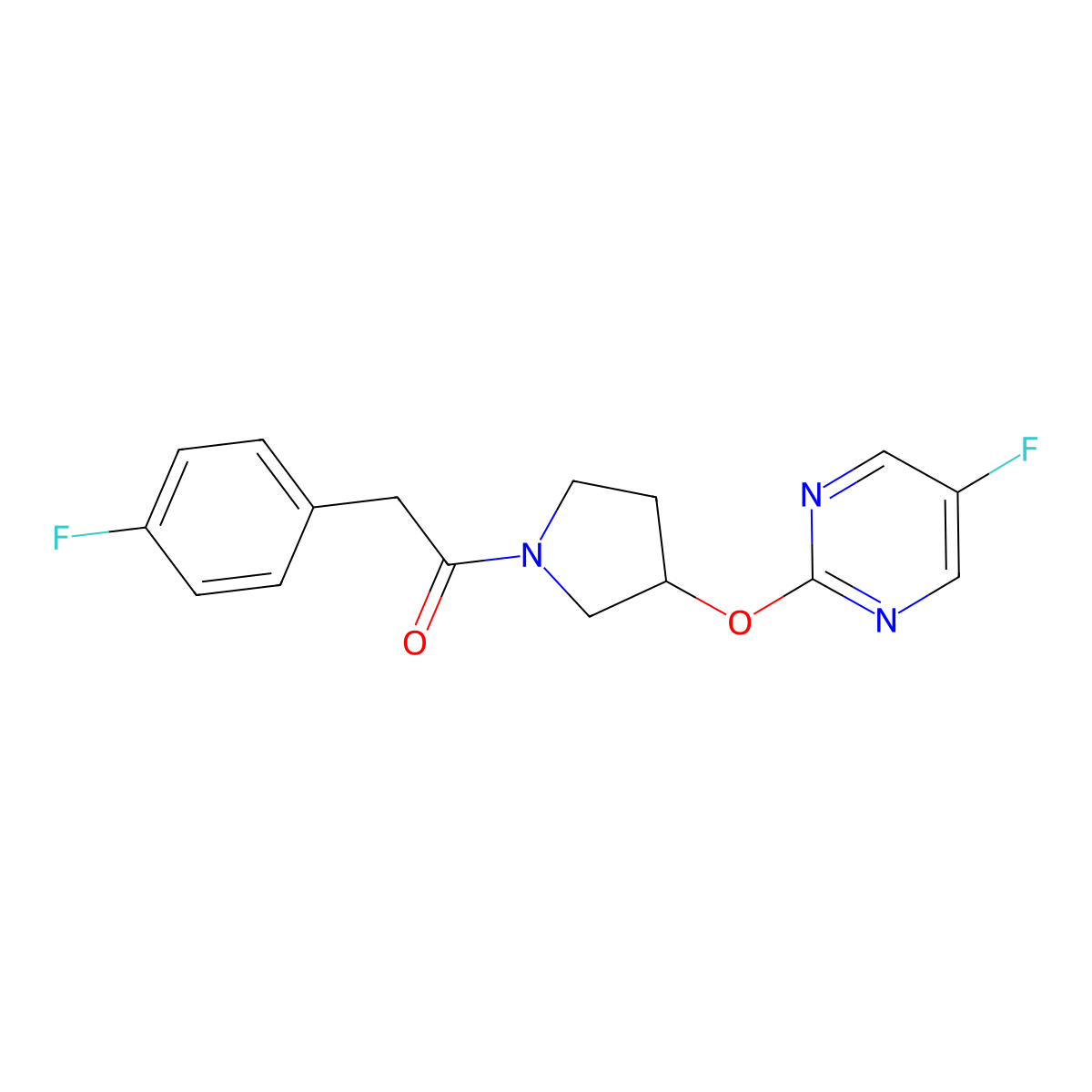 2-(4-Fluorophenyl)-1-(3-((5-fluoropyrimidin-2-yl)oxy)pyrrolidin-1-yl)ethanone molecular structure, CAS 2034359-99-2