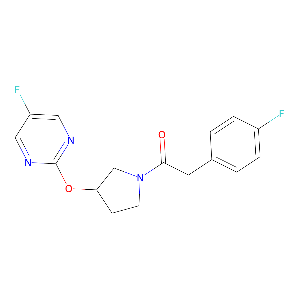 2-(4-Fluorophenyl)-1-(3-((5-fluoropyrimidin-2-yl)oxy)pyrrolidin-1-yl)ethanone molecular structure, CAS 2034359-99-2