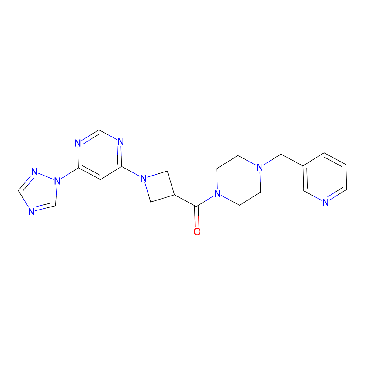 (1-(6-(1H-1,2,4-triazol-1-yl)pyrimidin-4-yl)azetidin-3-yl)(4-(pyridin-3-ylmethyl)piperazin-1-yl)methanone molecular structure, CAS 2034360-06-8