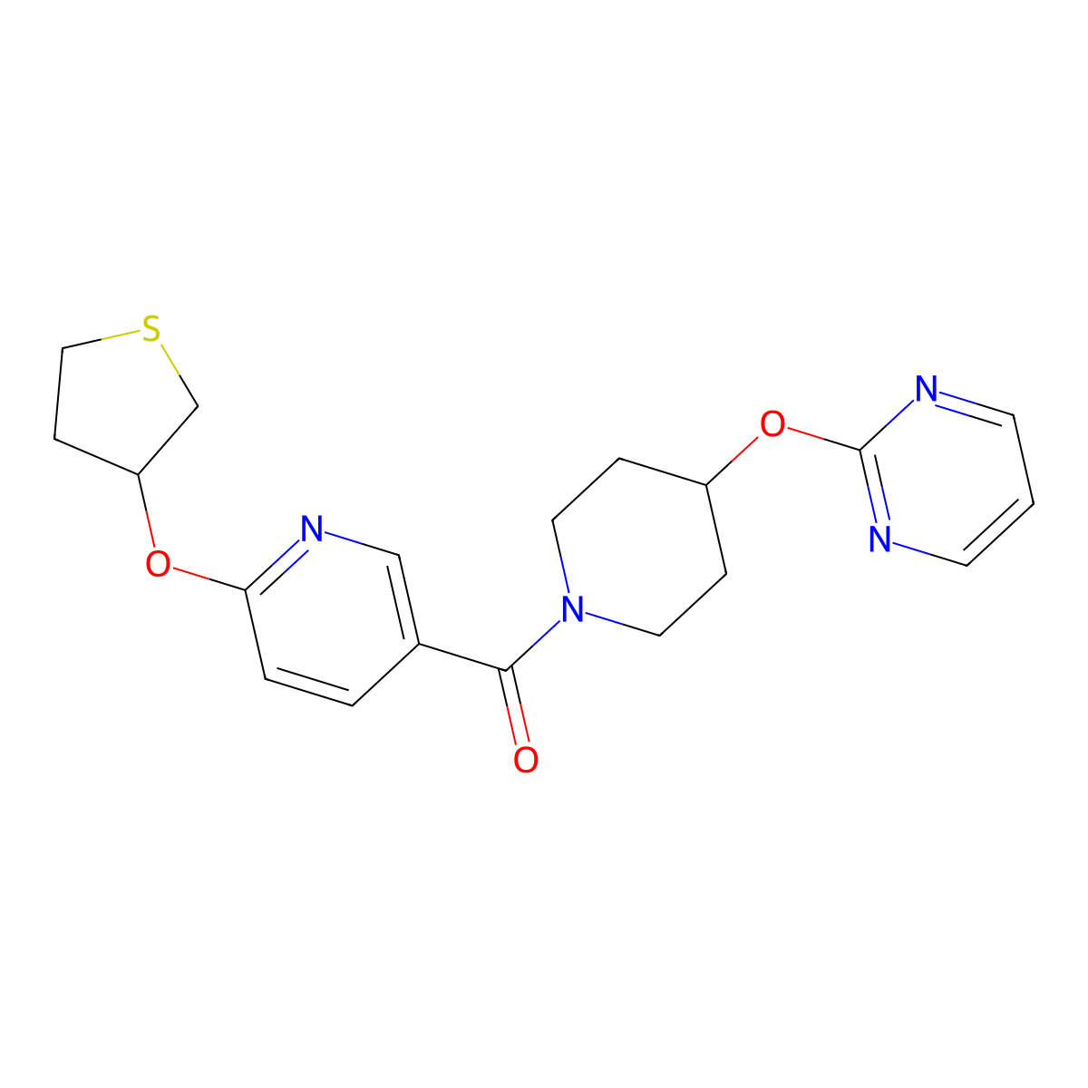 (4-(Pyrimidin-2-yloxy)piperidin-1-yl)(6-((tetrahydrothiophen-3-yl)oxy)pyridin-3-yl)methanone molecular structure, CAS 2034360-14-8