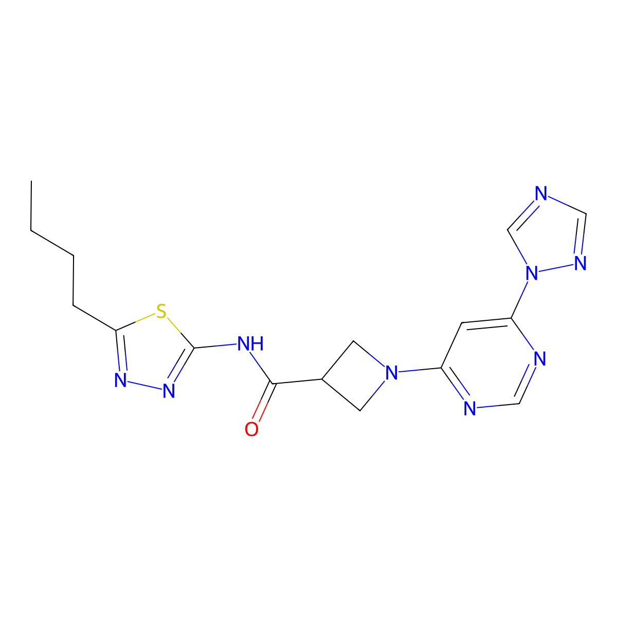1-(6-(1H-1,2,4-triazol-1-yl)pyrimidin-4-yl)-N-(5-butyl-1,3,4-thiadiazol-2-yl)azetidine-3-carboxamide molecular structure, CAS 2034360-15-9
