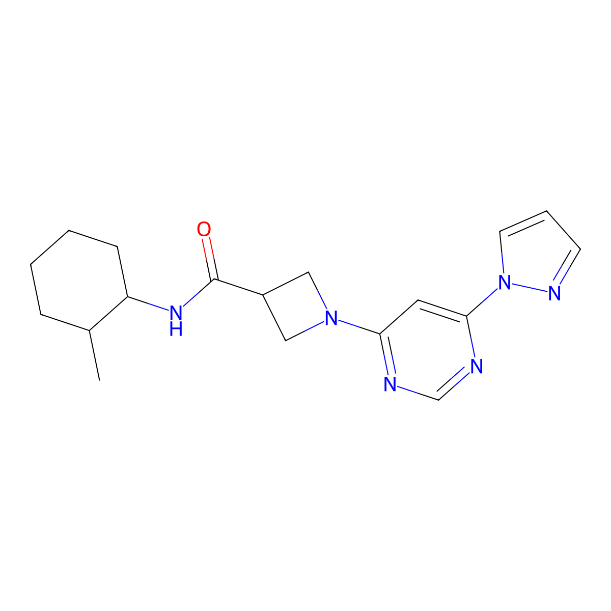 1-(6-(1H-pyrazol-1-yl)pyrimidin-4-yl)-N-(2-methylcyclohexyl)azetidine-3-carboxamide molecular structure, CAS 2034360-38-6
