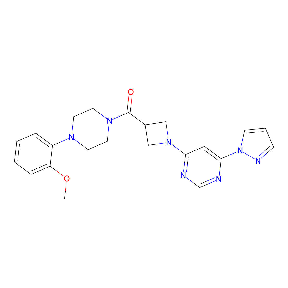 (1-(6-(1H-pyrazol-1-yl)pyrimidin-4-yl)azetidin-3-yl)(4-(2-methoxyphenyl)piperazin-1-yl)methanone molecular structure, CAS 2034360-43-3